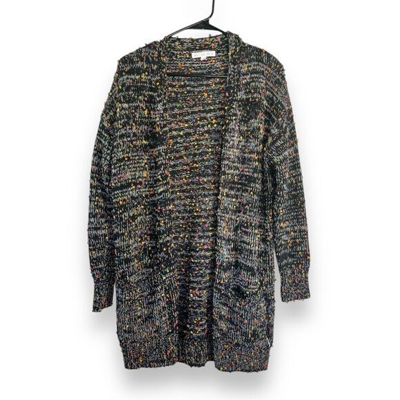 Michelle Mae sz S Womens Black Confetti Open Front Popcorn Sweater Artsy Minimal - Picture 2 of 4